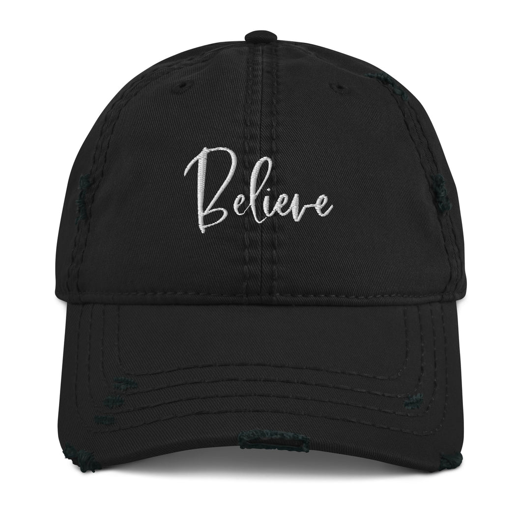 Believe Embroidered Distressed Hat